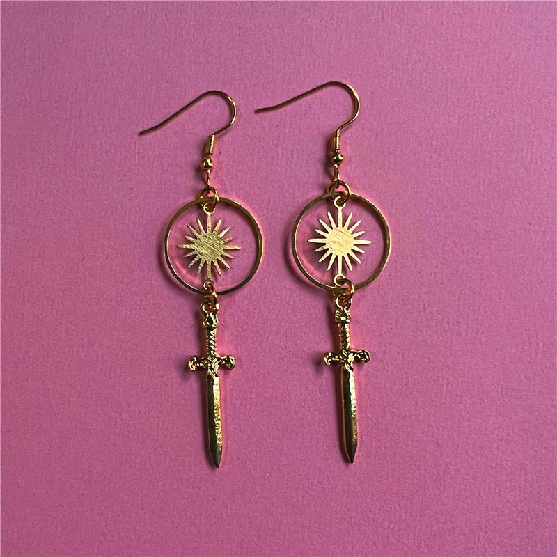

Fashion Golden Sun and Moon Earrings, Brass Earrings, Avant-garde, Sword Earrings, Daggers, Celestial Jewelry