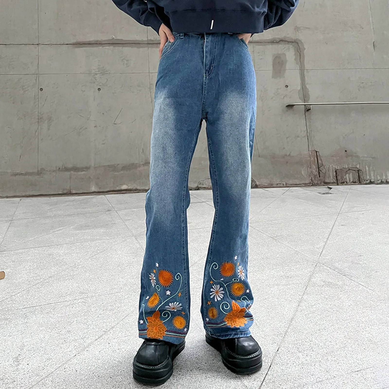 

Y2k Women Vintage Streetwear Baggy Jeans Floral Embroider High Waist Straight Wide Leg Pants Denim Trousers Fairy Grunge Clothes