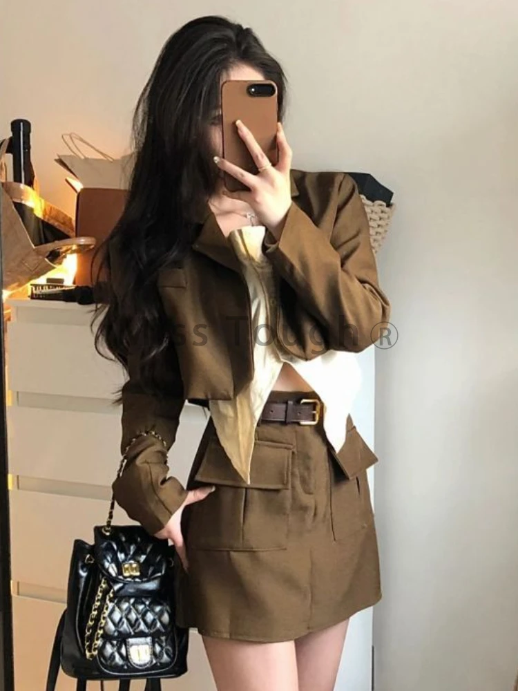 

Winter Vintage Y2k 3 Piece Set Women Preppy Style Elegant Mini Skirt Suit Female A-line Skirt + Solid Shirt + Casual Coat 2023