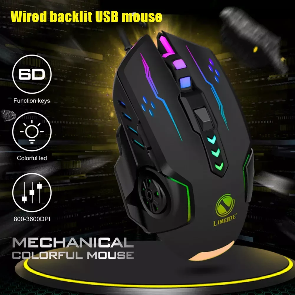 

6D USB Wired Gaming Mouse 3600dpi E-sports Mice 6 Buttons Backlit Colorful LED Light Glowing Mouse For Laptop PC Computer Gamer