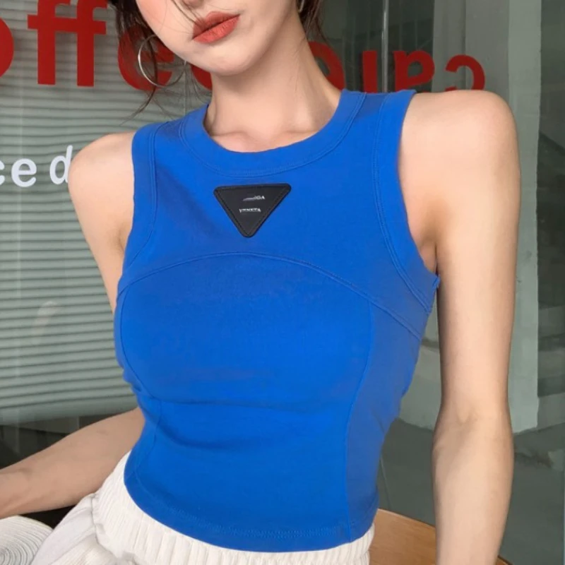 

Summer Sports Crop Top Women Sexy Slim Basic Tops O-neck Elastic Sleeveless With Chest Pad Ladies Tank Top