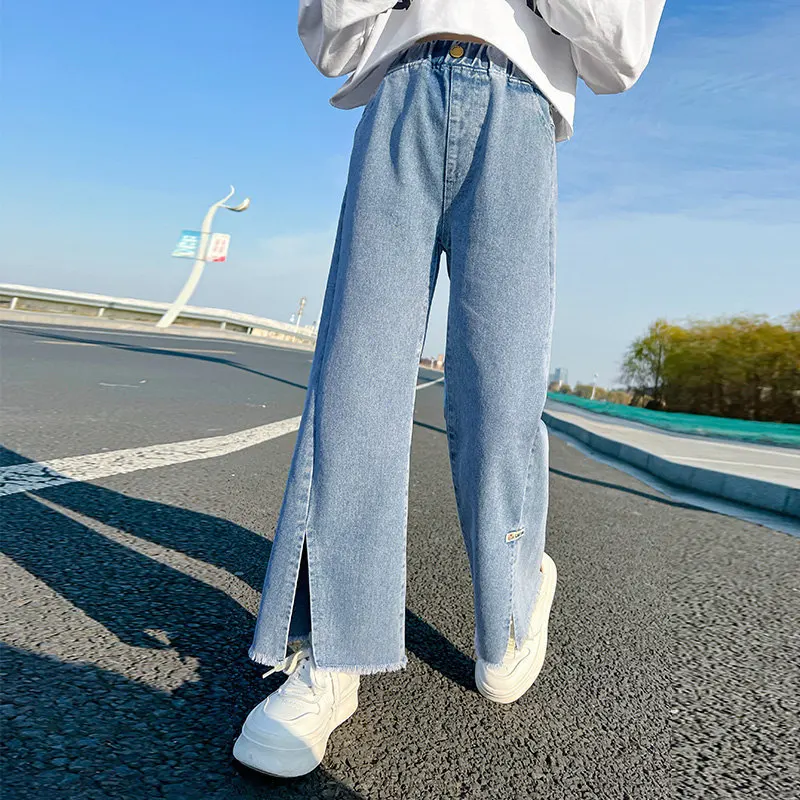 

Teen Girl Wide Leg Jeans with Split Kids Loose Denim Pants Solid Color Children Long Trousers Korean Clothing Fall Spring 5-14Y