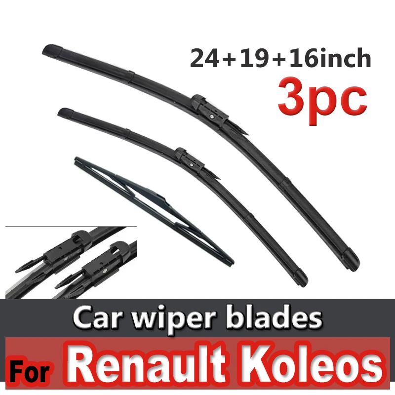 Wiper Front & Rear Wiper Blades Set For Renault Koleos MK1 2008 - 2015 Windshield Windscreen Window 24"+19"+16"