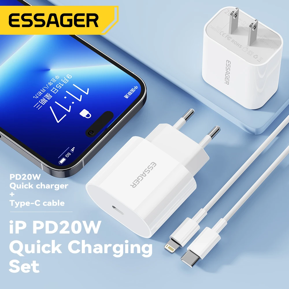 Фото Зарядное устройство Essager 20 Вт, быстрая зарядка Type-C Lightning Charger Set PD QC Quick Charge для iPhone 14 13 12 11 iPad Pro Max №3