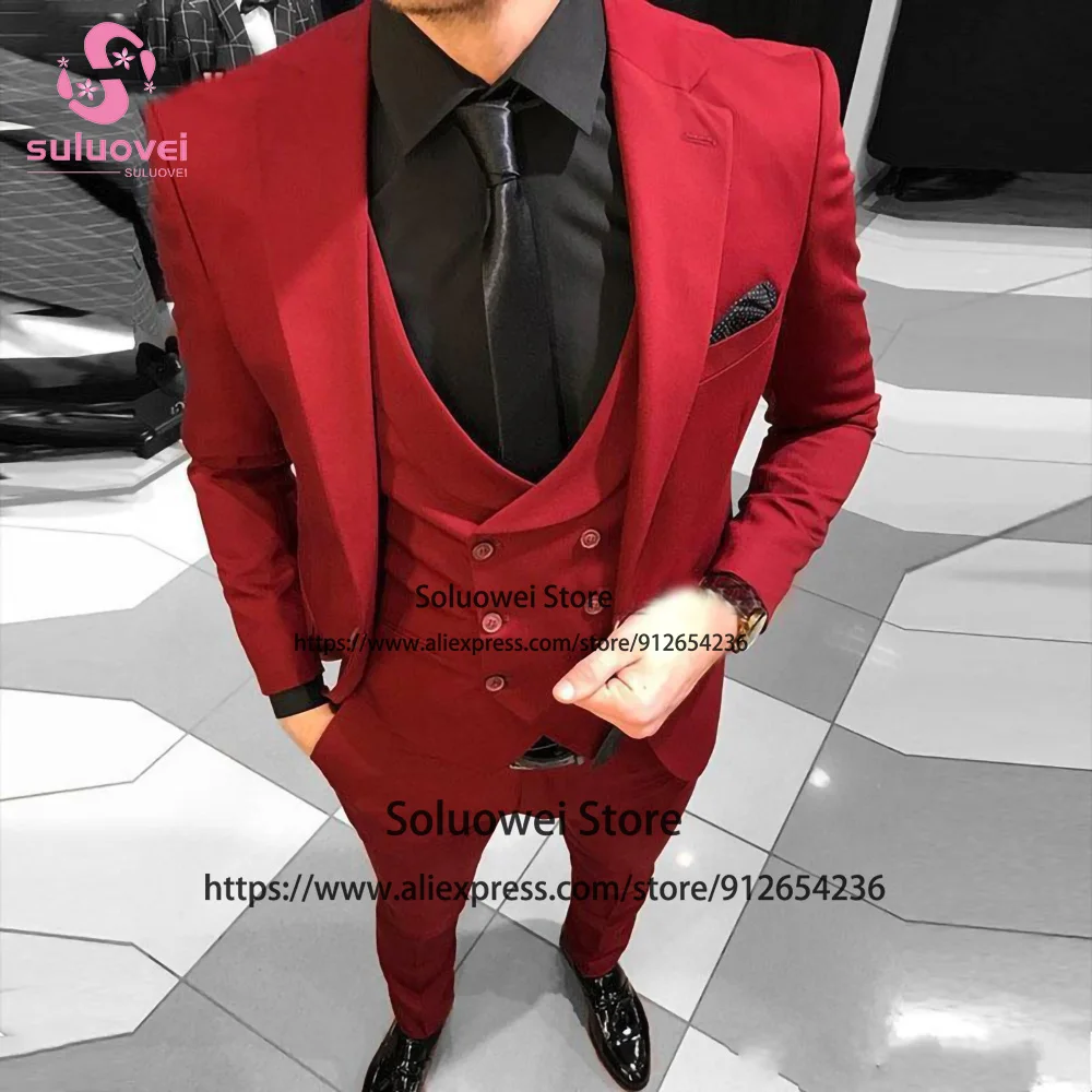 

Fashion Red Suit For Men Slim Fit 3 Piece Jacket Vest Pants Set Male Business Blazer Formal Groom Wedding Double Breasted Tuxedo