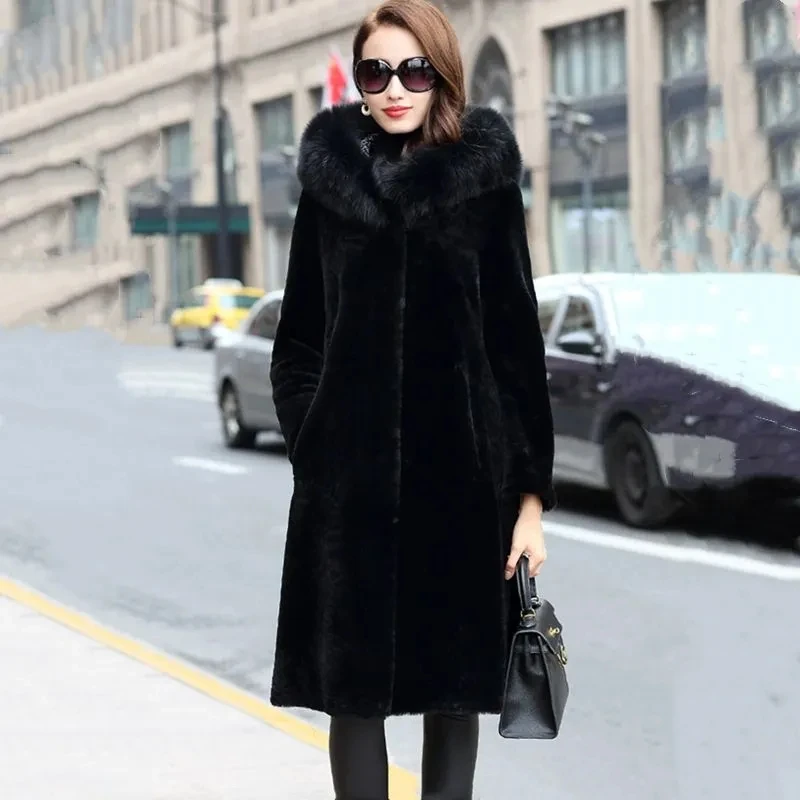 Зимнее длинное черное пальто из искусственного меха норки женское двухстороннее