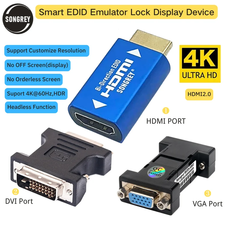 SONGREY HDMI EDID эмулятор сквозной переходник мужской и женский с двойной головкой Dummy Plug Ghost Display 4-го поколения HDMI 2.0 4K HD для удлинителя / KVM-переключателя / AV-ресивера / видеоразветвителей / игр Xbo