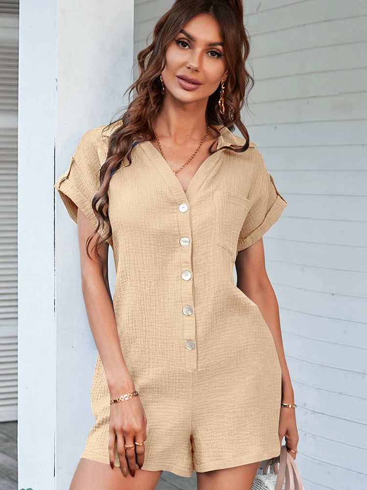 

Women's Spring Short Sleeve Shirt Loose Casual Sexy Playsuits Female Solid Color High Waist V Neck Rompers Cotton Outfits