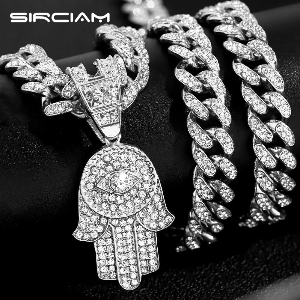

Iced Out Bling Hamsa Hand Pendant Necklace With 13mm Miami Cuban Link Chain Necklaces Cuban Link Choker Punk Hip Hop Jewelry