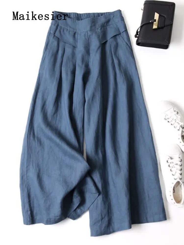 Korean Fashion Black Pants Summer Women Cotton Linen Wide-leg Loose High-waisted Streetwear Casual  Oversize Ankle-Length Pants