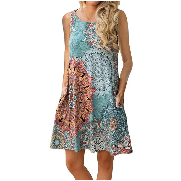 

2022 Spring and Summer New Sleeveless Pullover Element Printed Pocket Large Swing round Neck Vest Dress
