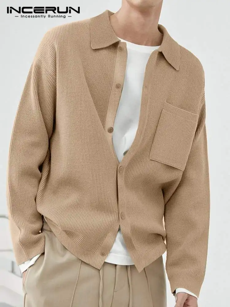 INCERUN Tops 2022 Korean Style Men's Fashion Solid Color Comfortable Blouse Casual Male Pinstripe Long Sleeve Lapel Shirts S-5XL