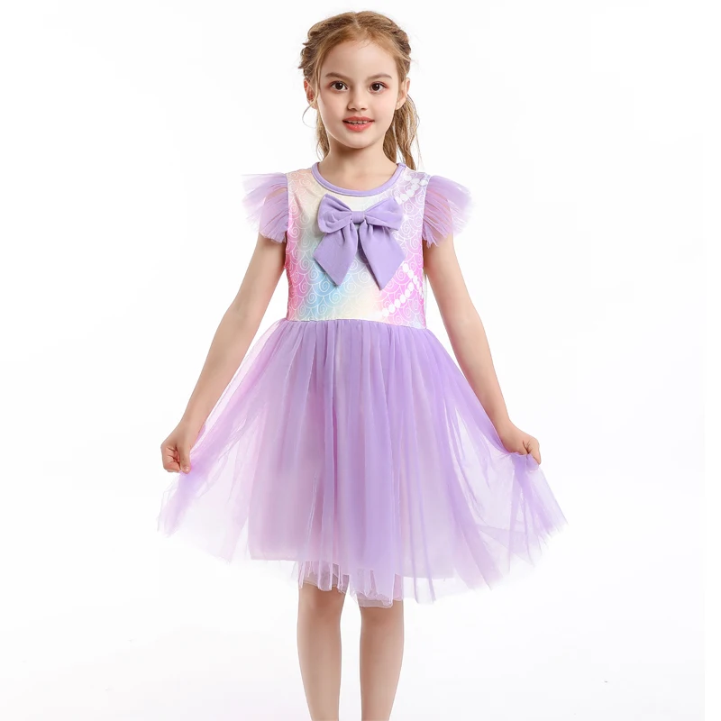 

2023 Летнее Детское платье с большим бантом, детское фатиновое платье для девочек, детское платье с летающим рукавом, платье для дня рождения от 2 до 8 лет