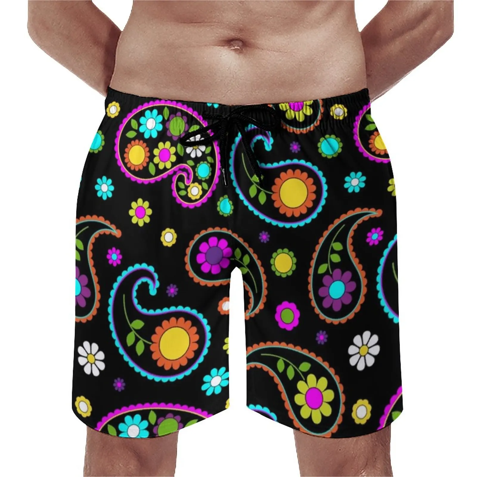 

Summer Board Shorts Retro Groovy Hippy Sports Surf Paisley Floral Print Design Beach Short Pants Casual Quick Dry Swim Trunks