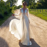 sexy lace wedding dresses long puffy sleeves open back deep v neck bride gown robes de soir%c3%a9e vestidos elegantes para mujer 2022