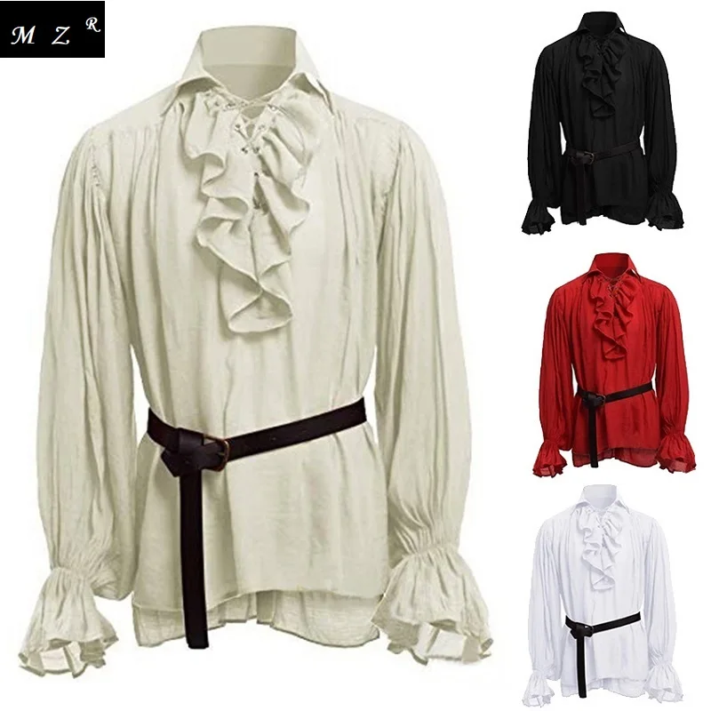 

Medieval Men Tunic Viking Pirate Costume Gothic Shirts Grooms Vintage Top Ruffle Sleeve Neckline Drawstring Knight Cosplay Fancy