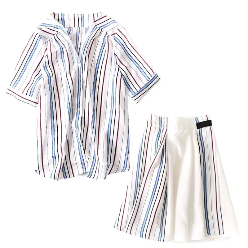 

2023 New Summer New Casual Fashion Suits Women's Short Sleeve Striped Shirt + High Waist A Line Skirt 2 Piece Sets A49