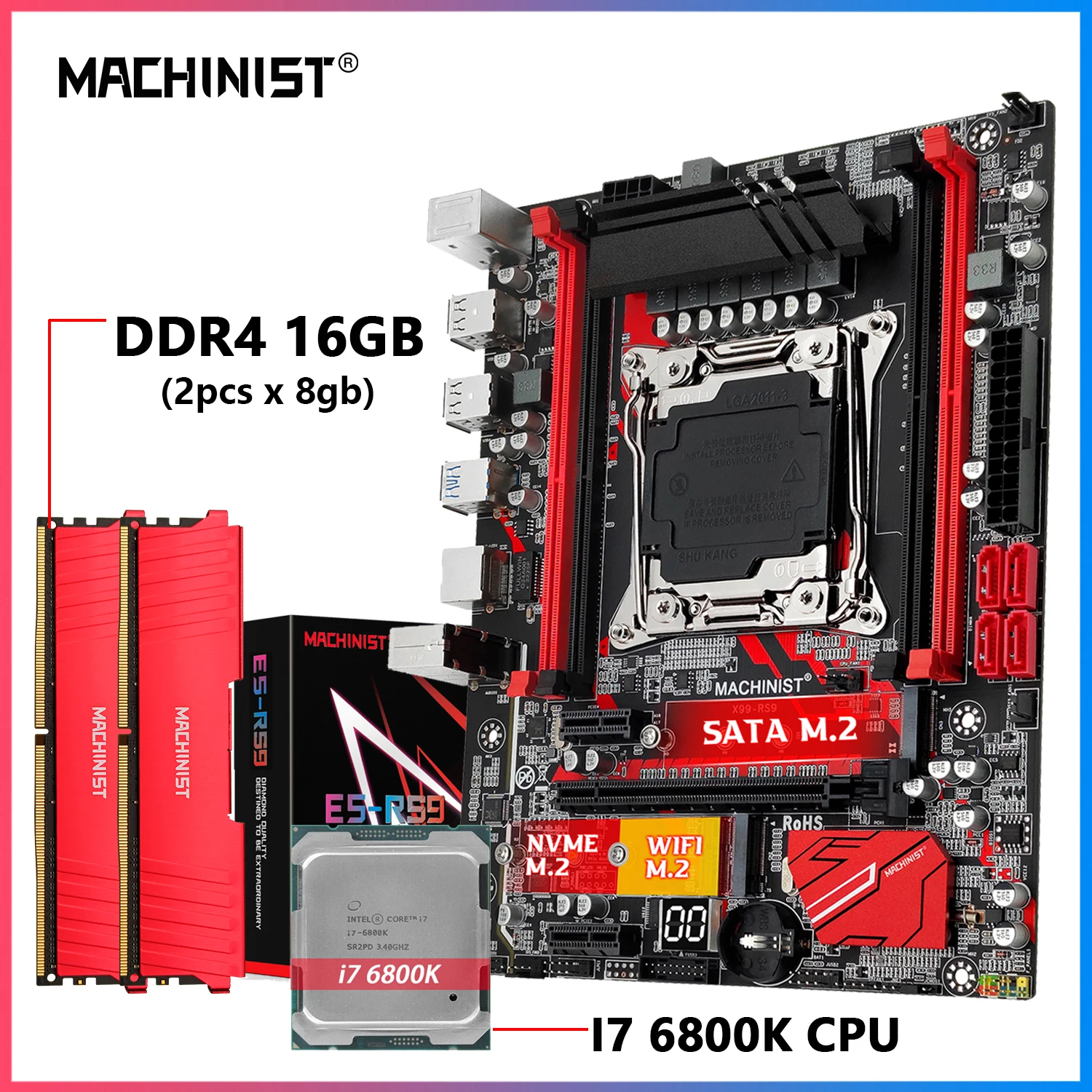 

MACHINIST RS9 LGA 2011-3 Motherboard set Xeon I7 6800K CPU kit + DDR4 2*8GB Memory combo NVME/SATA M.2