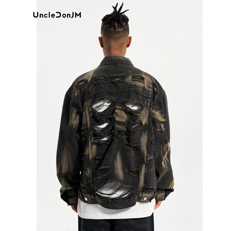 

UncleDonJM Damaged Ripped Denim Jacket Distressed Streetwear Jacket