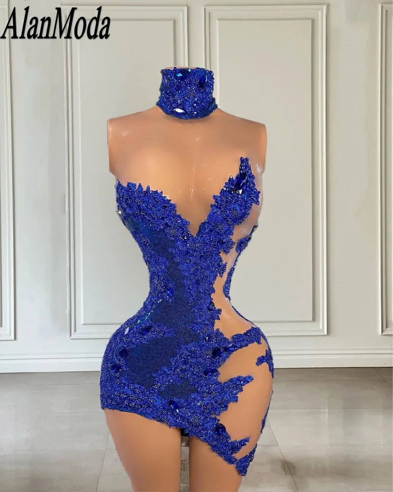 

Elegant Blue Evening Dresses High Neck Beading Sequin Short Prom Gowns Applique Vestidos De Graduación Cocktail Party Dresses