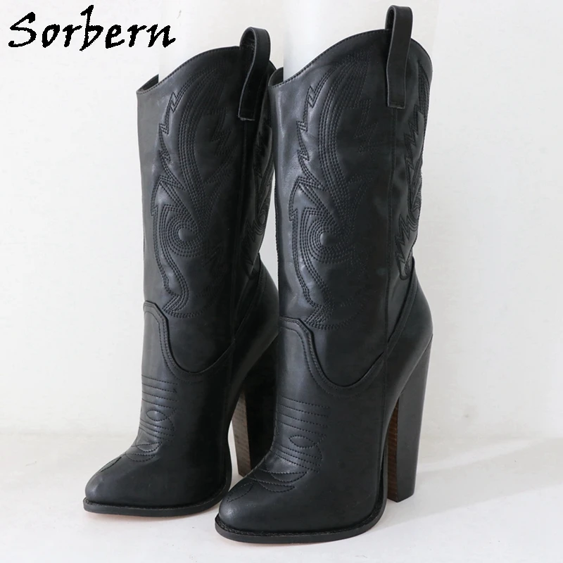 Sorbern Genuine Leather Embroider Ankle Boots Unisex Cowboy Boots Block Heel Pointy Toes Black Matt Retro Style Custom Booties