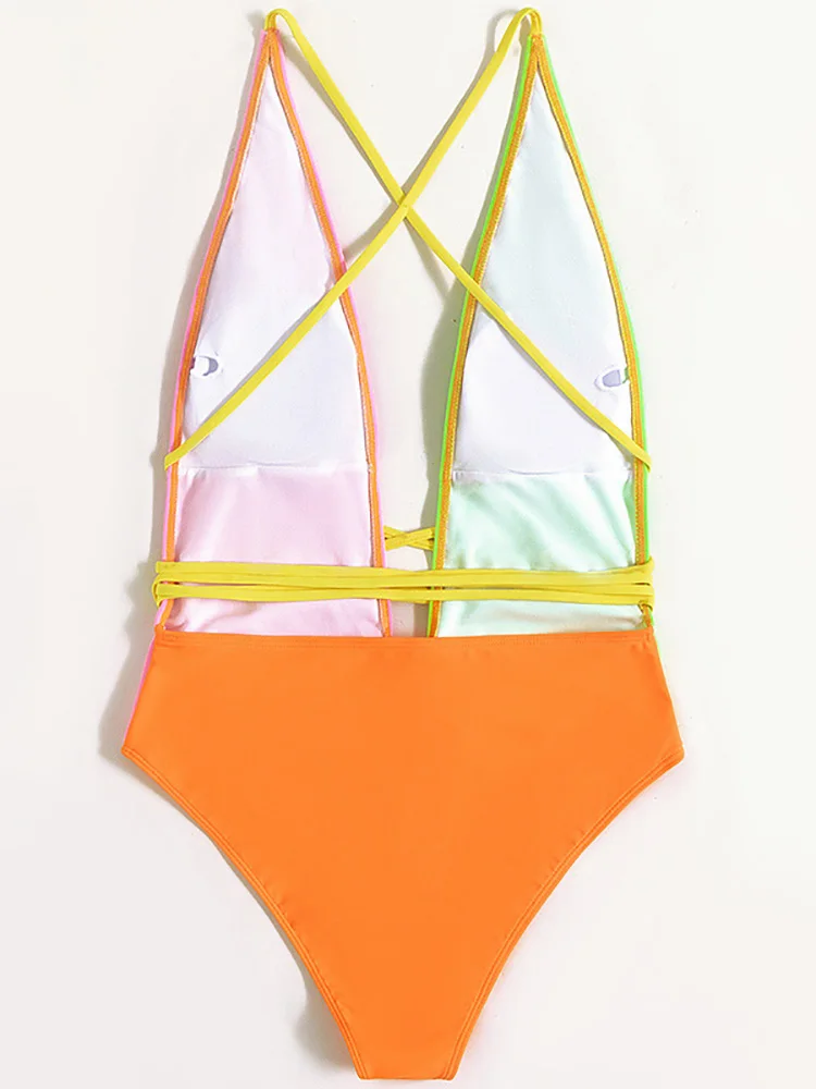 Цветной неоновый купальник сексуальный женский на завязках новинка 2022 глубокий