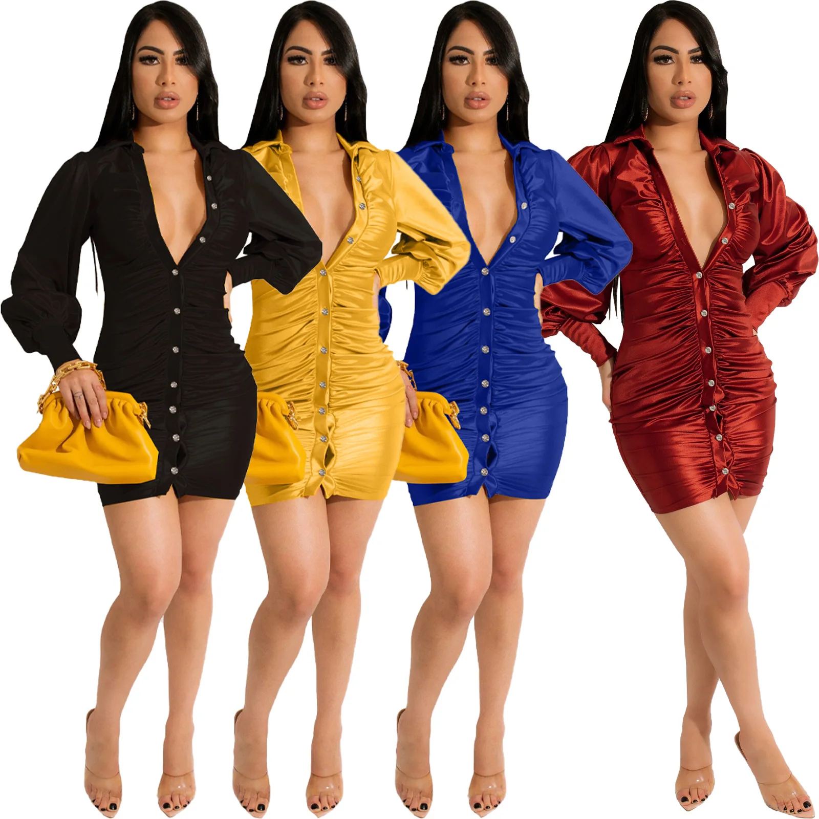 

Women's Cute Sexy Solid Color Pleated Button Nightclub Women's Dress