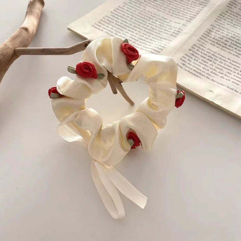 

Romantic 3D Rose Large Intestine Circle Fresh Girl Flower Super Immortal Hair Ring Simple Bowknot Headrope Hair Accessories