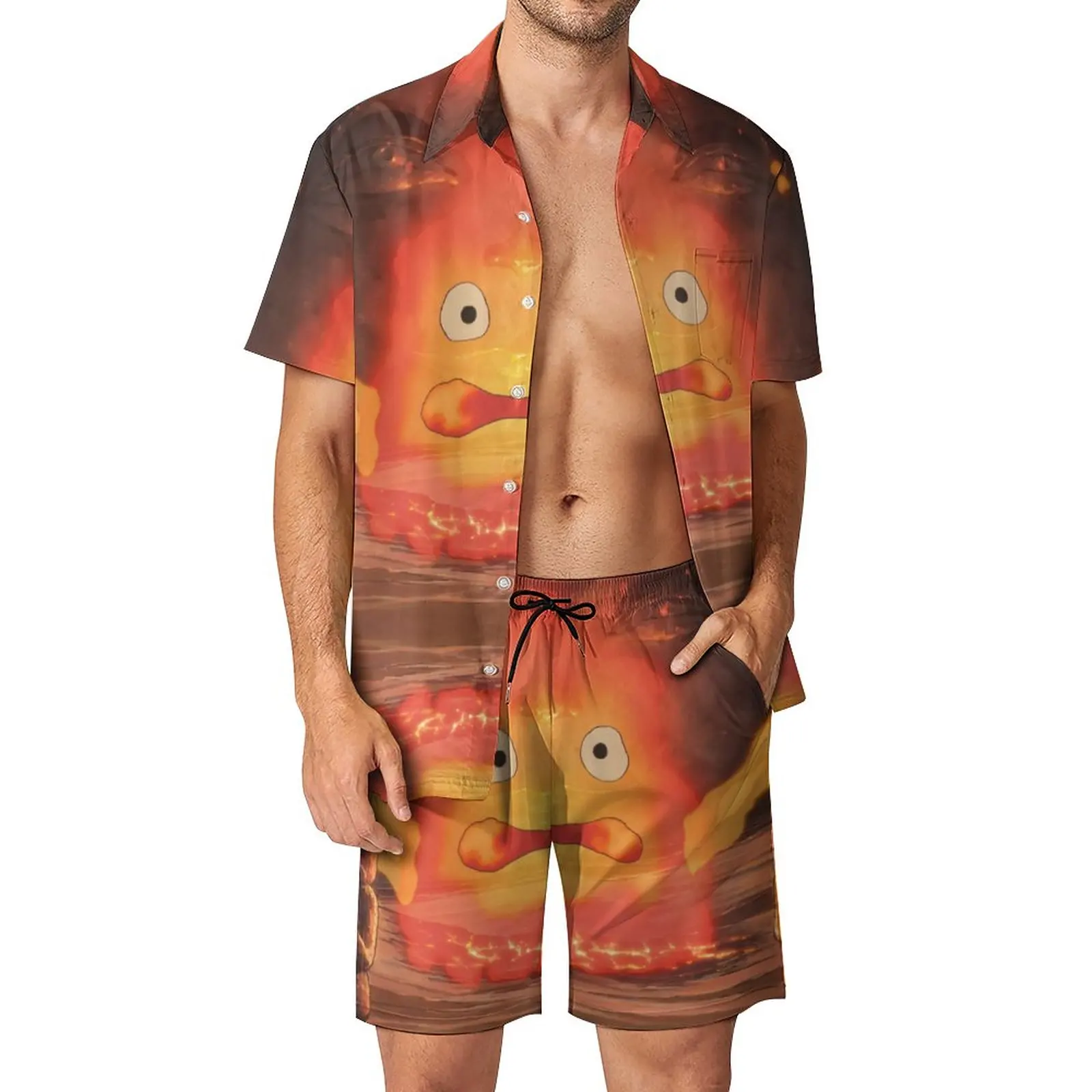 

Fire Demon Calcifer Men Sets Howls Moving Castle Casual Shorts Fitness Outdoor Shirt Set Fashion Graphic Suit Oversize Clothing