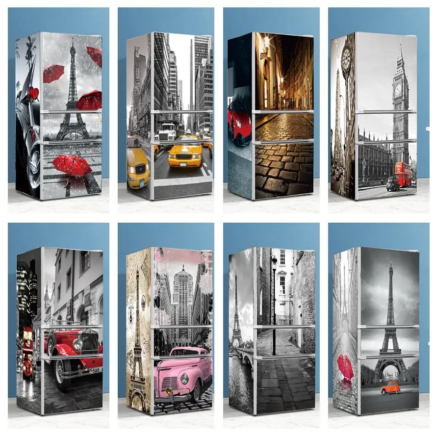 

Street Car 3D Wallpaper Refrigerator Sticker Self-Adhesive DIY Fridge Cover Door Sticker Furniture Decoration Poster Custom Size