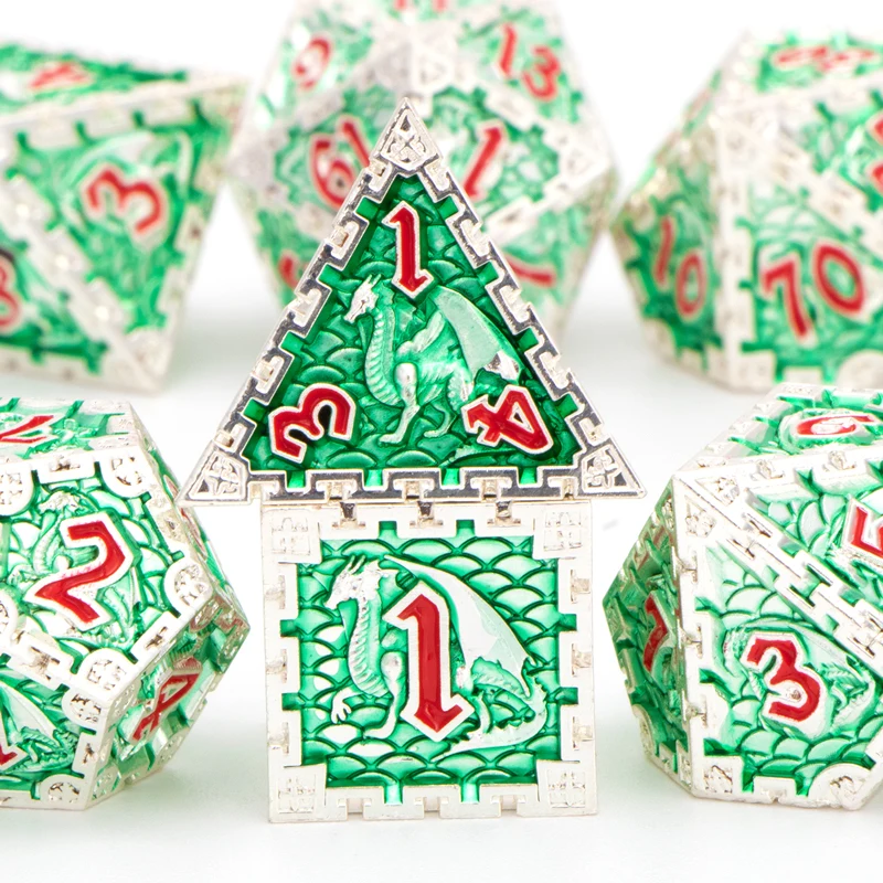 Silver Green Polyhedral Metal Dnd Dice Set 7 Pcs RPG D&ampD D+D Dungeon And Dragon D20 D12 D10 D% D8 D6 D4 Table Role Playing Game |