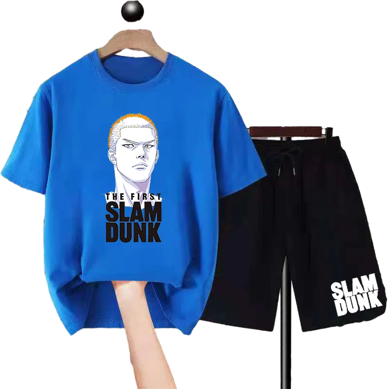 Japanese Anime Character Sportswear for Mens Workout, Slam Dunk Print Pure Cotton T-shirt and Shorts 2 Piece Set.