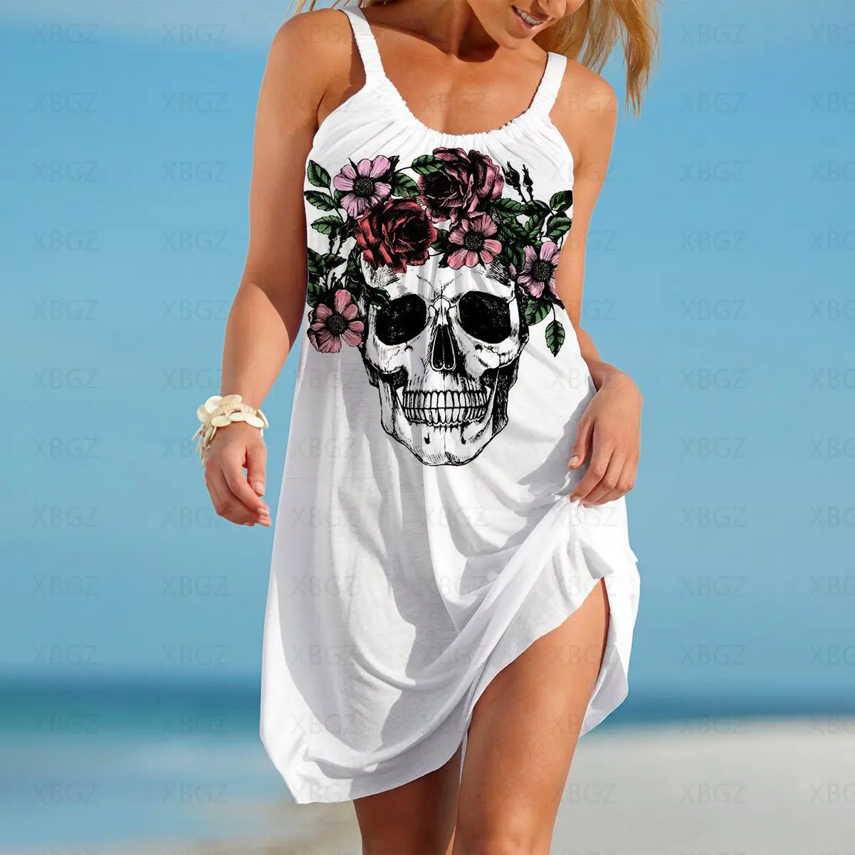 

Sling Women's Dress Beach Party Dresses Top 2022 Gothic Woman Tattoo All Match Summer Sleeveless Sexy Skull Flower Boho Clothing