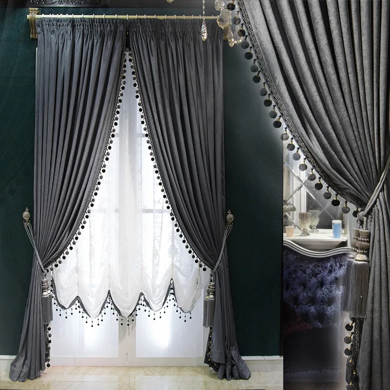 

Blackout Curtains for Living Dining Room Bedroom Kitchen European Gray Velvet Simple Modern Luxury Villa Windows Tulle Cortina