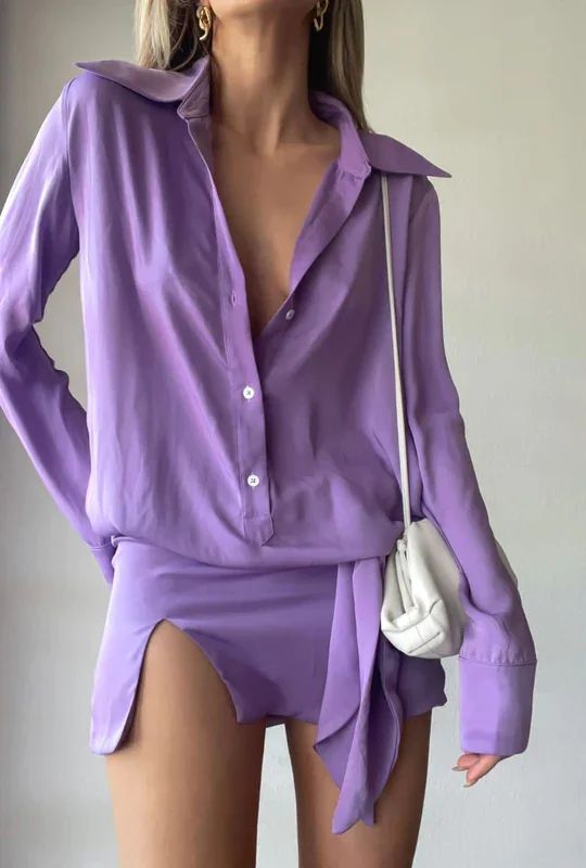 

Sexy Women Satin Shirt Dress Solid Color Long Sleeve Button-Down Lapel Blouses Mini Dress E-Girl Aesthetic Party Streetwear