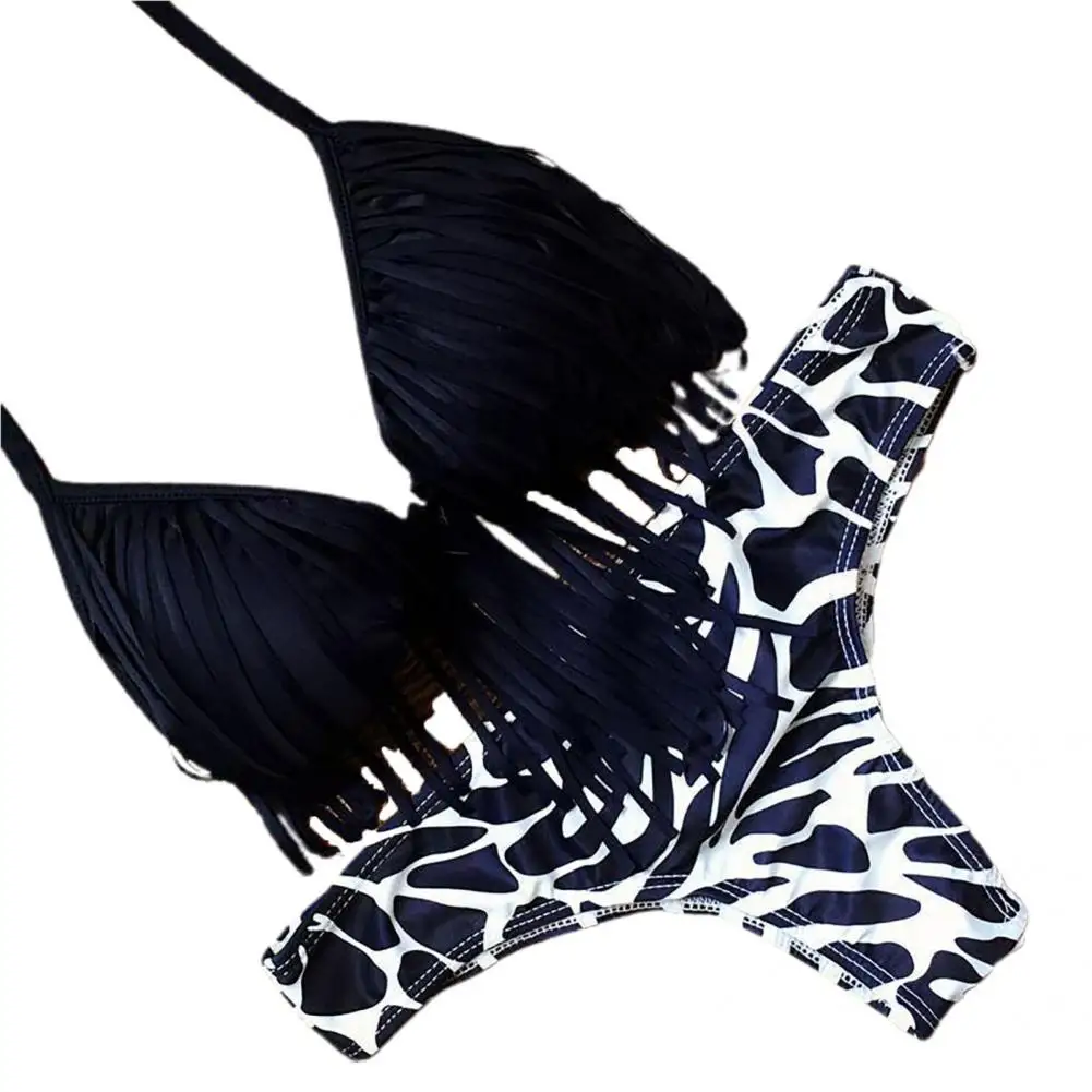 

2 Pcs/Set Chic Swimsuit Set Tassel Wireless Beachwear Colorfast Summer Bikini Set