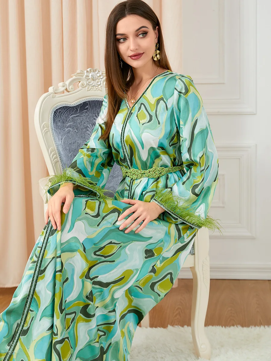 Women Spring and Summer Camouflage Green Feather Sleeve Long Skirt Turkish Indian Abaya Arab Islamic Women Moroccan Kraftan Gown