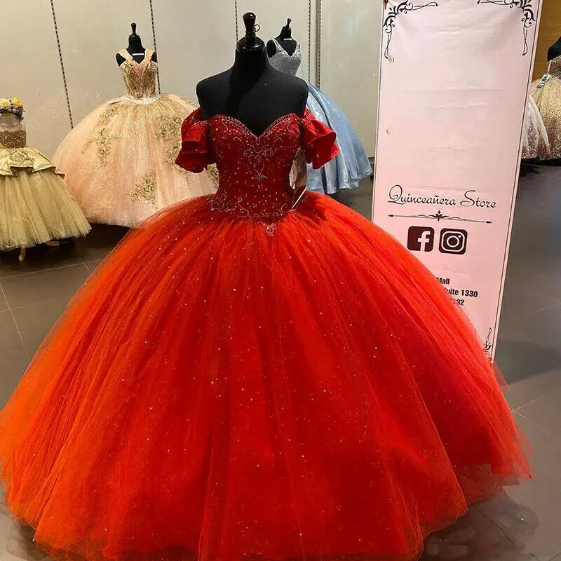 

Ball Gown Red Quinceanera Dresses Sweetheart Off Shoulder Sweet 16 Dress Sequins