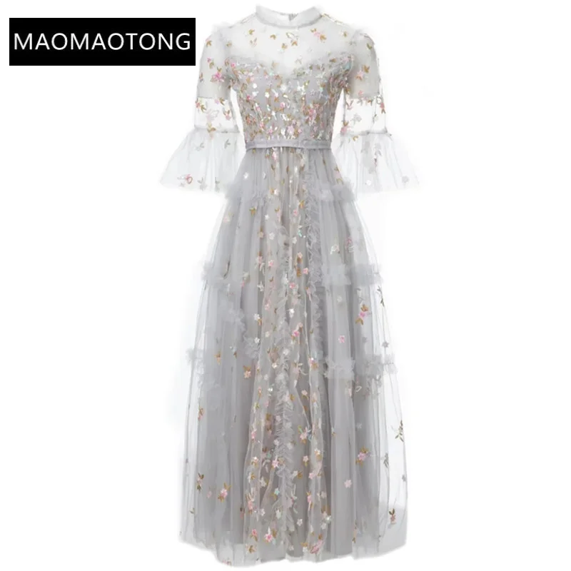 

Dresses For Women 2022 Elegant Designer Autumn Mesh O-Neck Flare Sleeve Sequins Flower Embroidery Elegant Party Vintage Dress
