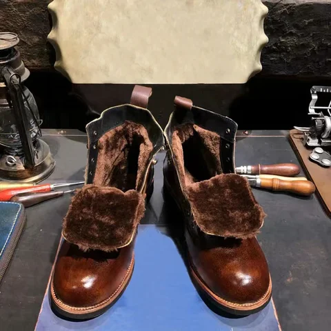 Японская повседневная мужская обувь ручной работы из искусственной кожи, винтажные ботильоны из коровьей кожи в британском стиле, зимние теплые плюшевые мотоциклетные ботинки для пустыни