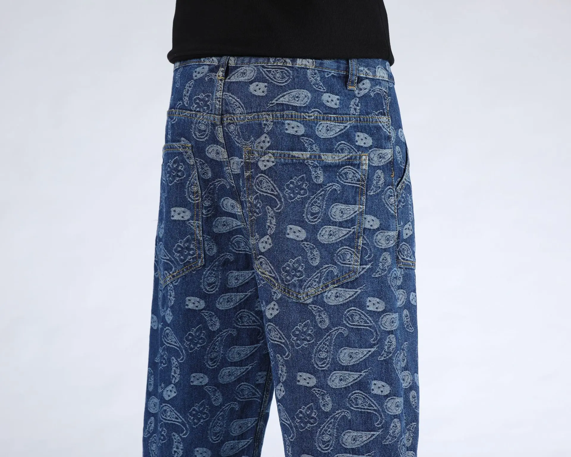 Oversize Loose Baggy Jeans Streetwear Hip Hop Print Jacquard High Waist Denim Pants Men Plus Size Cotton Straight jeans Trousers