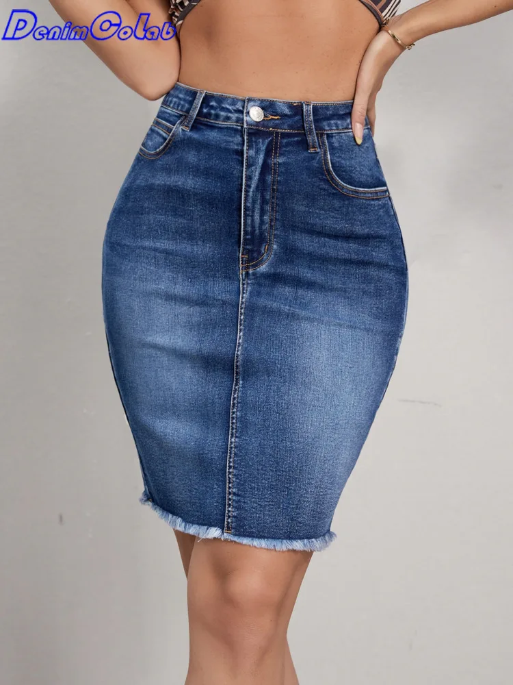 

Новинка 2022, Модная Джинсовая юбка Denimcolab с необработанным краем и разрезом сзади, женские эластичные юбки-карандаш с высокой талией, Женская однотонная облегающая мини-юбка