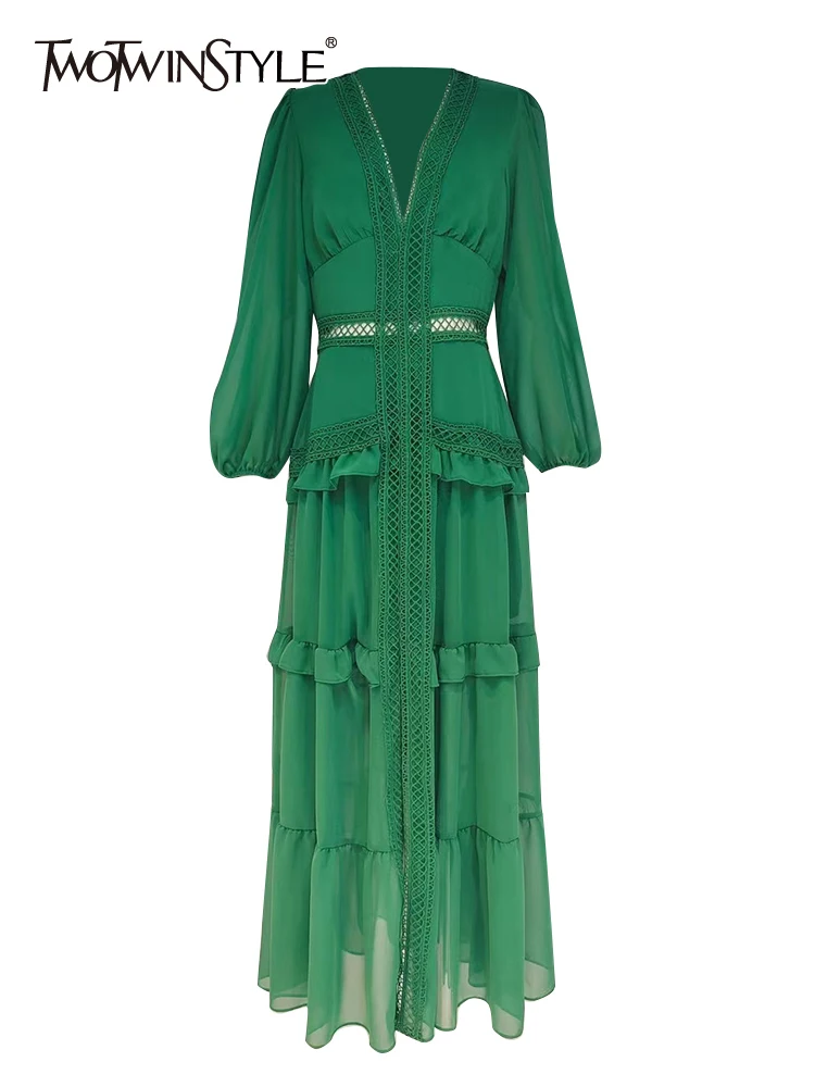 

TWOTWINSTYLE Fashion Cut Out Dress For Women V Neck Lantern Sleeve High Waist Solid Minimalist Midi Dresses Female Clothing 2022