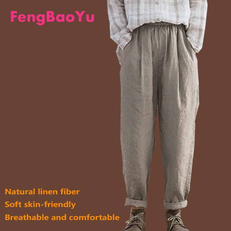 Fengbaoyu Linen Fabric Spring Autumn Ladies Relaxed Leisure Radish Trousers Fat Girl Weight 100KG Whit Baggy Pants Free Shipping