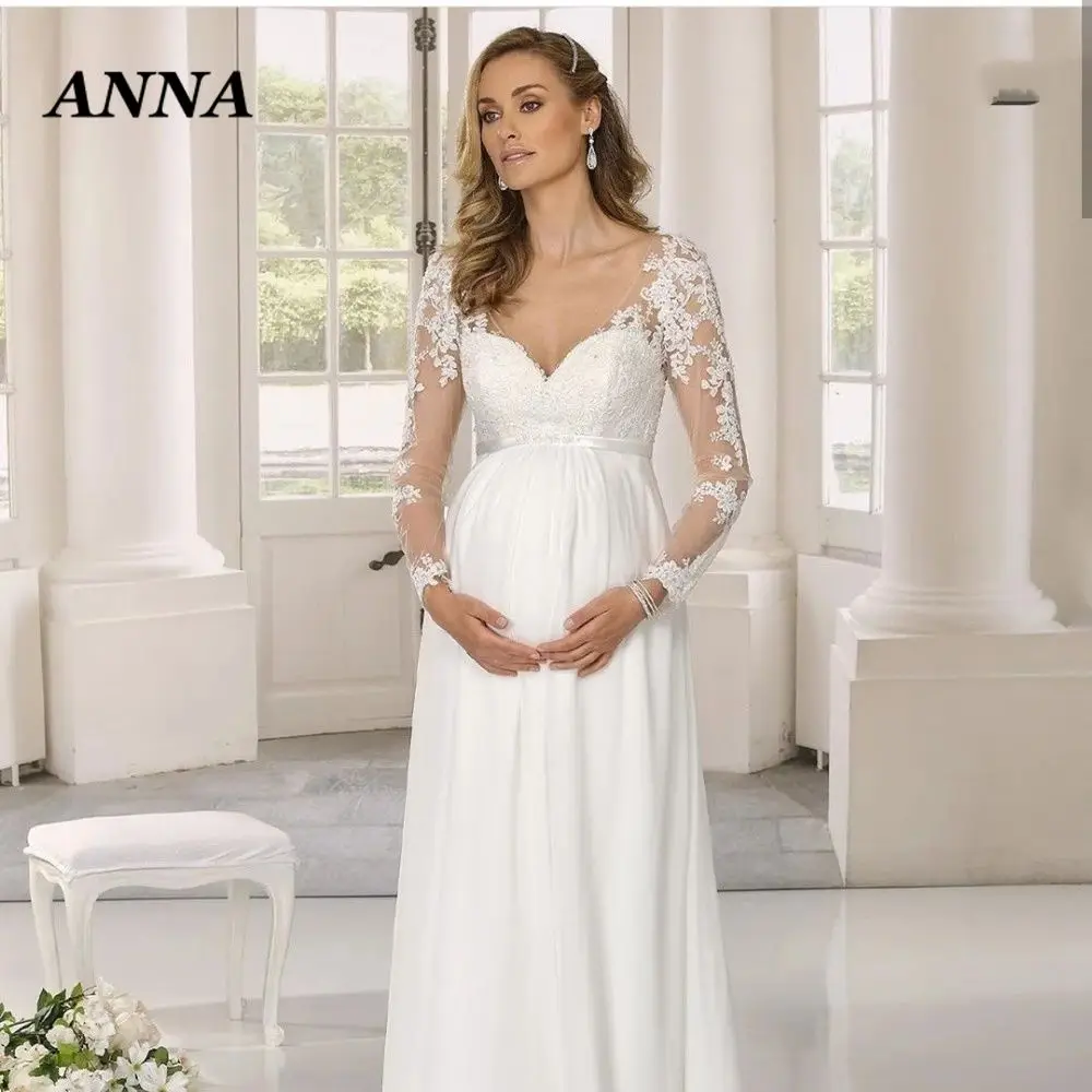 

Anna Beauty Wedding Dress 2022 Elegant V-Neck Long Sleeve Beach Gown Simple Beading Sashes Applique Vestido De Novia for Women