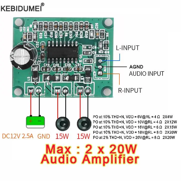 Фото DC12V Макс. 2*20 Вт двухканальный цифровой стерео аудио усилитель мощности плата высокой мощности DIY 40 Вт MP3-модуль усиления №1