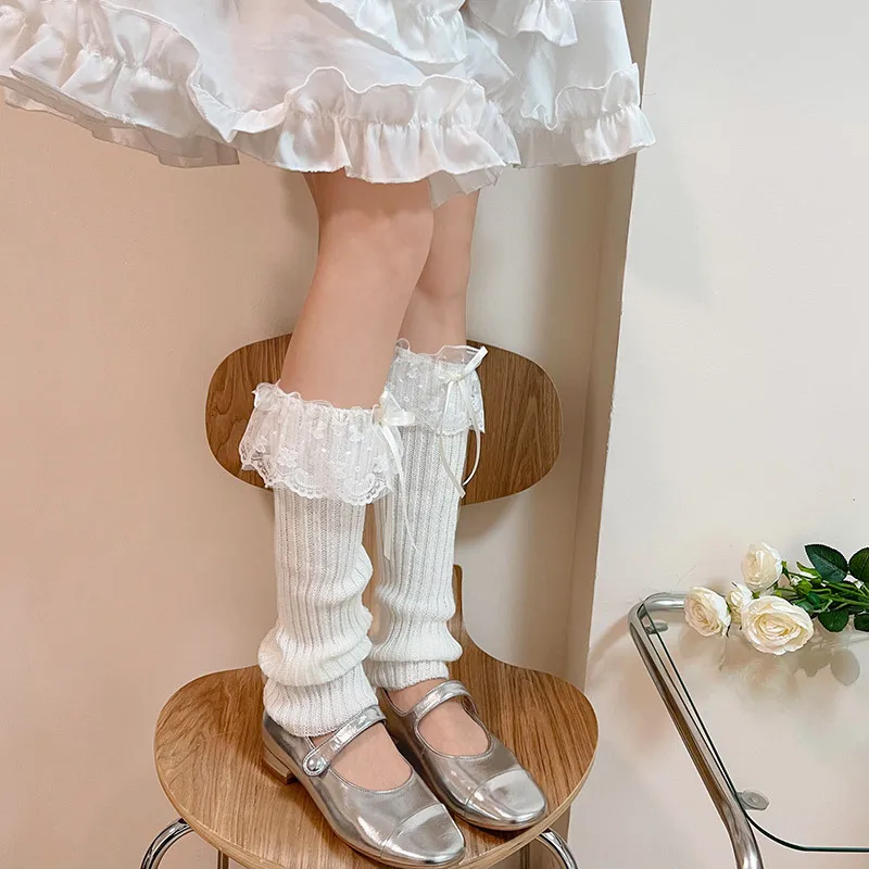 

Y2k Lolita Girls Lace Knitted Bow Tie Leg Warmers Bow Streamer Leg Socks Leg Cover Pile Socks Japanese Jk Accessories Sock