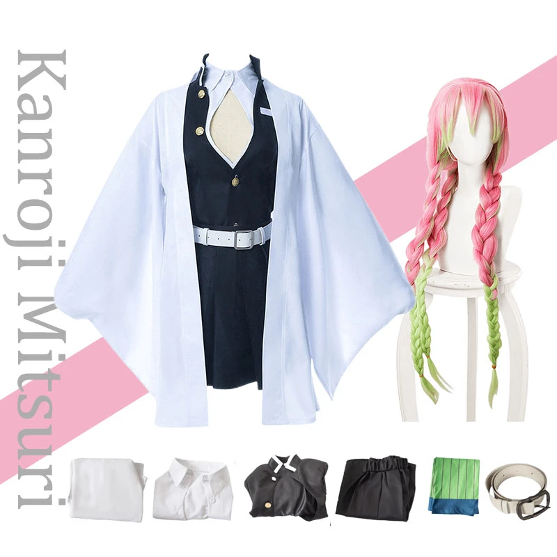 

Demon Slayer Kanroji Mitsuri Cosplay Costume Anime Kimetsu No Yaiba Cosplay Kimono Haori Halloween Costumes Wig Suit