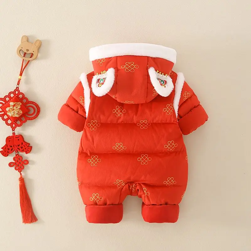 Осенне-зимний детский комбинезон с капюшоном для новорожденных боди красный