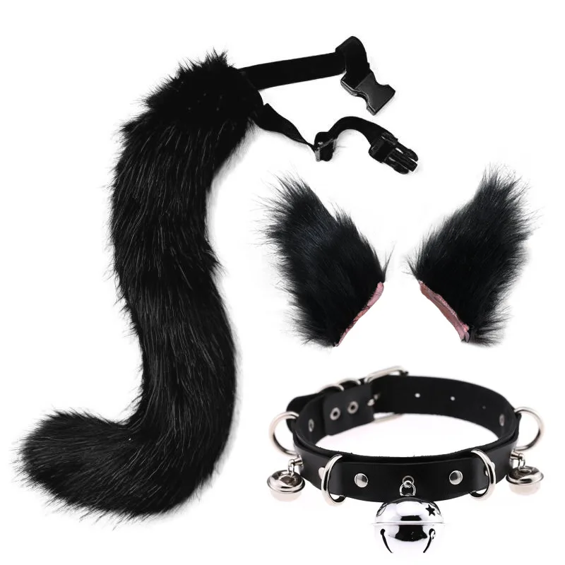Fluffy Plush Cat Ears Headband Tail Set  Animal Cosplay Costume Party Hair Accessories Women Girls Headwear Gothic Bell Choker